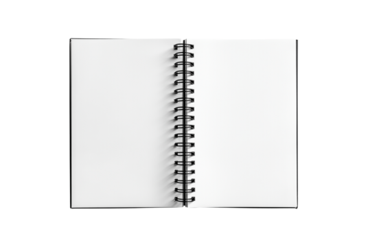 Open blank spiral notebook with clean white pages isolated on transparent background - Powered by Adobe