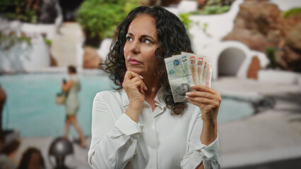 Woman holding british banknotes outdoors at a resort pool, pondering financial decisions amidst a...
