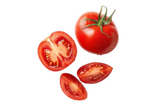 Fresh ripe red tomatoes whole and sliced isolated on transparent background