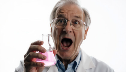 Excited crazyelder scientist holding a pink liquid in a laboratory during a successful scientific experiment. Cinematic bright portrait of innovation energy. Isolated clean background with copy space