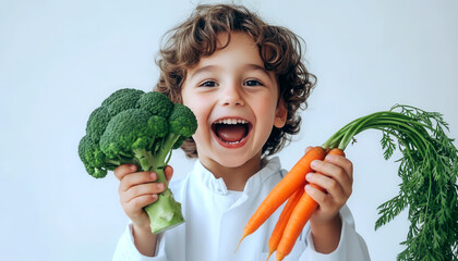 A curly boy is excitedly holding organic broccoli in one hand and fresh carrots in the other. The setting reflecting a healthy approach to eating vegetables. Clear background.