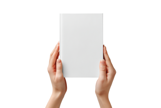 Hands holding a blank white book isolated on transparent background