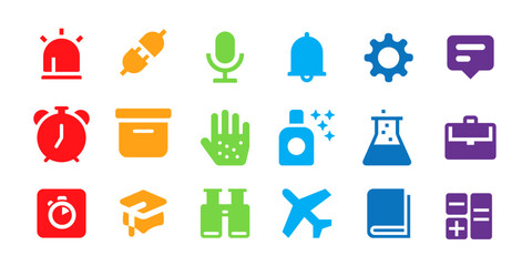 Multicolor Tools and Interface Icon Set – Alarm, Rocket, Chat, Microphone, Gear, Clock, Lock, Travel, Study & Office Symbols