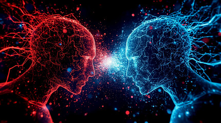 Futuristic digital art of two human heads made of glowing neural networks in red and blue, symbolizing artificial intelligence, technology conflict, innovation and cyber connection