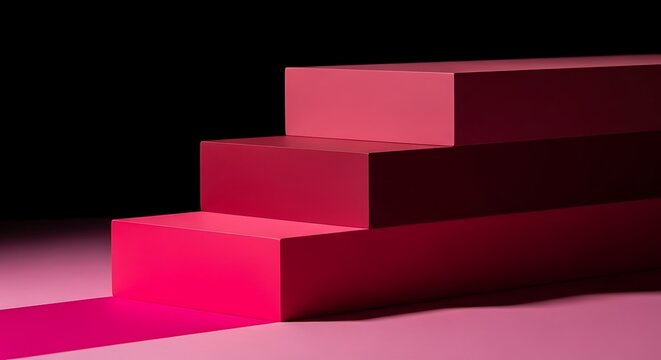 Three ascending steps made of pink material, illuminated by dramatic lighting - Powered by Adobe