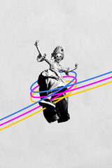 3d vertical artwork banner sketch photo collage of happy duchess girl dance vintage baroque era...