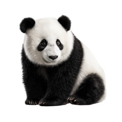 Fototapeta premium Adorable panda bear sitting calmly with its soft black-and-white fur, facing forward on a clean white or transparent png background.