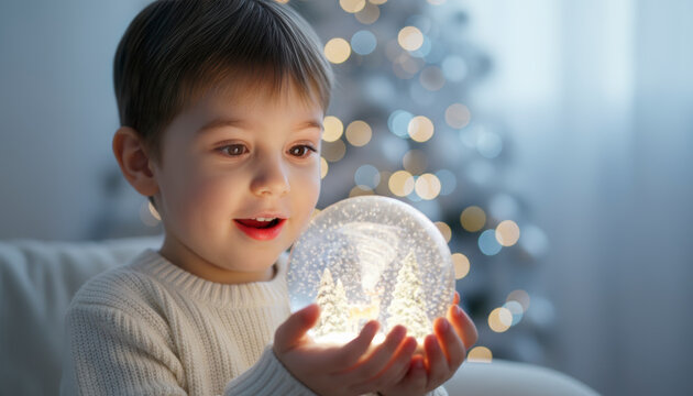 A child gazes with wonder at a glowing decorative sphere while enjoying a magical holiday moment.