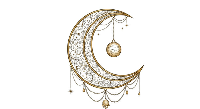 Ornate golden crescent moon with stars and hanging charms. Intricate celestial vector for spiritual or bohemian design.