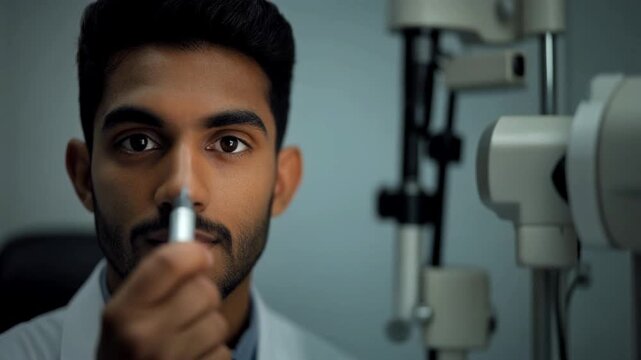 Male Ophthalmologist Conducting a Detailed Eye Examination with a Penlight.