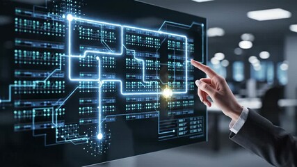 Womans hand activating digital holographic network interface. Futuristic data exploration and cyber connection concept for innovative tech advertising. Video footage. - Powered by Adobe