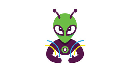 Simplified cartoon alien with green head and purple body, set against a white background