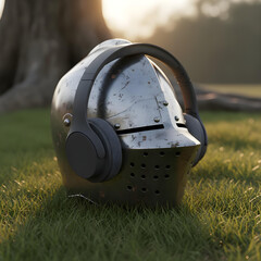 Medieval knight helmet fitted with modern wireless headphones