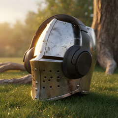 Medieval knight helmet fitted with modern wireless headphones