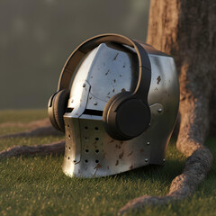 Medieval knight helmet fitted with modern wireless headphones