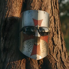 Templar knight helmet wearing modern sunglasses