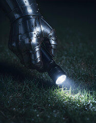 Medieval armored hand gripping modern tactical LED flashlight