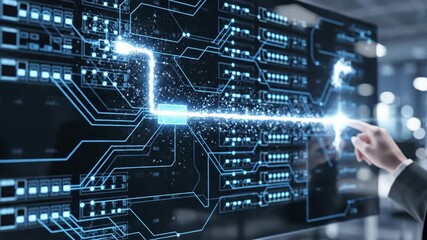 Womans hand approaches and touches glowing digital interface with circuit patterns. Activating virtual technology screen in futuristic style. Innovation and cyber connectivity concept for advertising - Powered by Adobe
