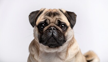 Single Pug Poses Isolated On Pure White Backdrop Close Up Shot Studio Nose Pet