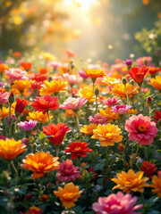 Fototapeta premium Vibrant Field of Summer Flowers Bathed in Golden Sunlight.