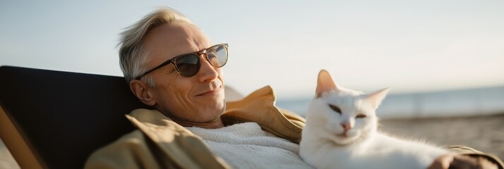 Elderly caucasian male relaxing on beach with white cat in warm sunlight