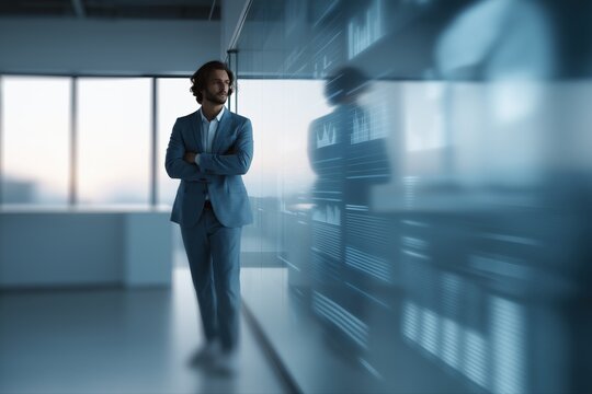Young caucasian male analyzing data on futuristic digital screen in modern office