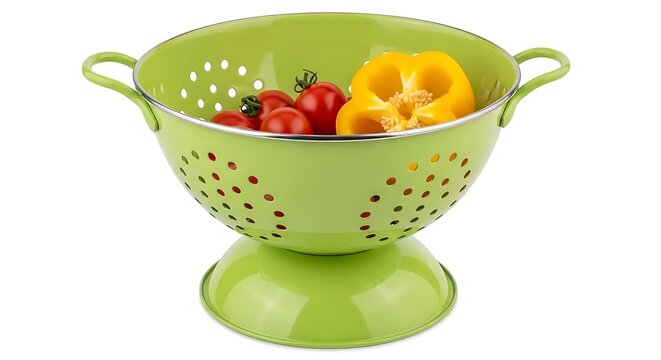 A bright green colander filled with fresh tomatoes and a yellow bell pepper
