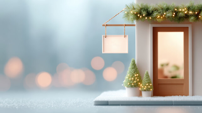 Cozy winter-themed storefront with decorative lights and evergreen trees, featuring a blank sign for promotional messages and inviting ambiance