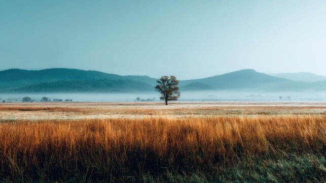 Solitary tree stands tall amidst an expansive field under a misty morning sky with rolling hills in the background.