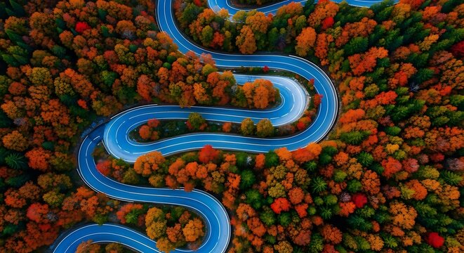 Aerial view of a winding road cutting through a vibrant forest during autumn, with trees displaying a rich palette of red, orange, and green