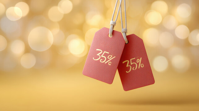 Two hanging price tags displaying 35 discount on a golden background, creating a festive shopping atmosphere for promotional sales events