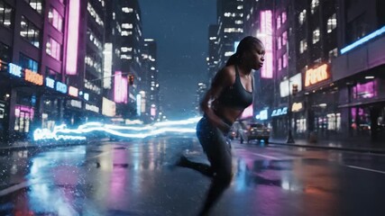 Woman running through rainy neon-lit city street at night. Electric lightning trail conveys speed and urban energy. Dynamic footage for advertising vitality concepts.