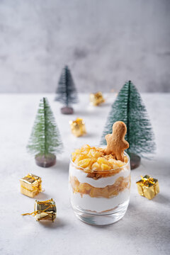 Greek yogurt caramelized apples gingerbread cookies parfait in a glass for Christmas holidays