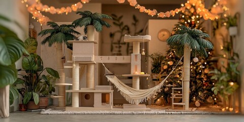 Cozy Cat Paradise: A meticulously crafted cat tree provides the perfect sanctuary for feline friends. surrounded by lush plants, and a Christmas tree, creating a whimsical blend of comfort and style.
