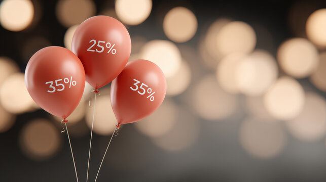 Colorful balloons with discount percentages floating against a blurred background, creating a festive atmosphere for promotional events and celebrations