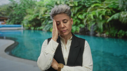 Woman resting hand on temple beside indoor hotel pool deck wearing white shirt and black vest;...