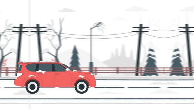 2D Illustration Loop Animation Red SUV Car Driving on Snowy Road Winter Landscape | Flat Transportation Holiday Travel