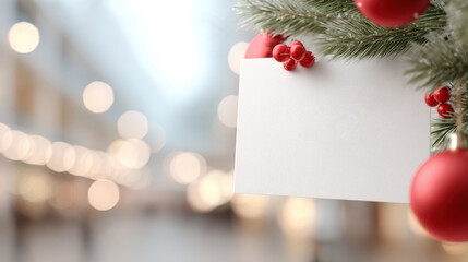 Blank greeting card hanging on Christmas tree branch with red ornaments, creating a festive atmosphere for holiday messages and celebrations