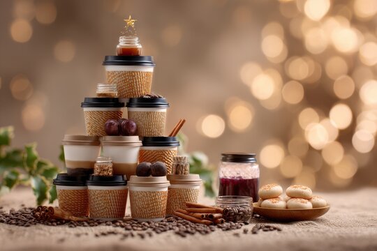 Warm café ambiance with a festive creative tree arrangement for seasonal promotions.