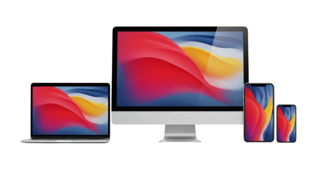 Apple devices including laptop, monitor, and phones