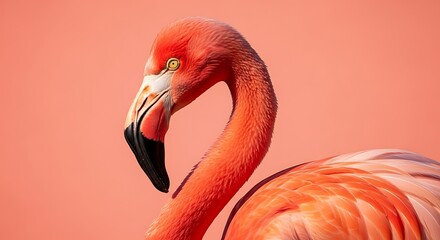 Closeup portrait of a vibrant pink flamingo with its head curved, set against a soft coral backdrop