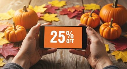Close‐up of hands holding stylized smartphone showing ‘25% off’ on autumn wooden table with pumpkin and leaves