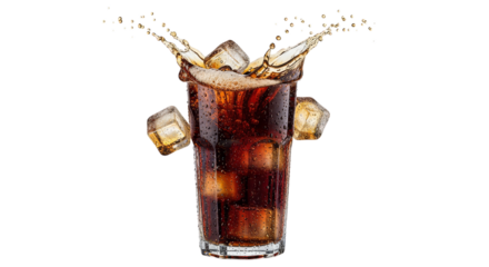 Cola splash in a glass with ice cubes