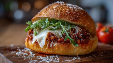 shot of a large, messy sandwich with a toasted bun, filled with bolognese-style meat sauce, a slice of melted cheese, arugula, and a generous sprinkle of grated parmesan on a wooden board.
