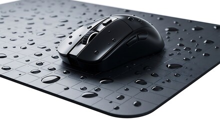 Black computer mouse with water droplets on a black mousepad