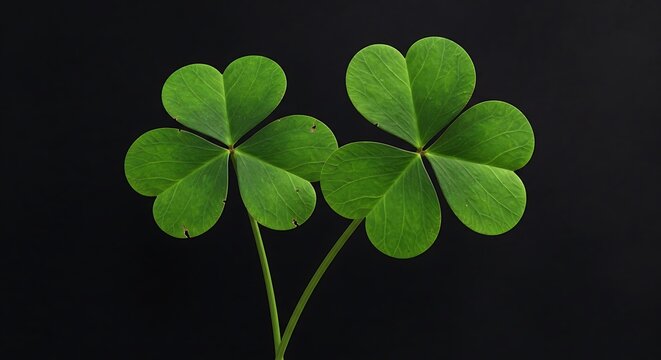 Two vibrant green shamrocks with four leaves each on a black background