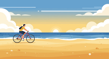 Fototapeta premium Man Cycling on Sunny Beach During Golden Hour Sunset Vacation Travel