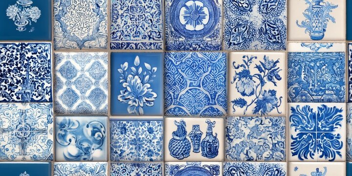 Blue Ceramic Tile Collection: Showcase of intricate patterns and timeless elegance. The close-up view reveals the beauty of each tile, from floral motifs to geometric designs.