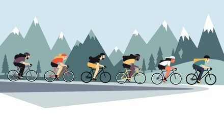 Group of Cyclists Racing Through Snowy Mountain Landscape Flat Vector Illustration