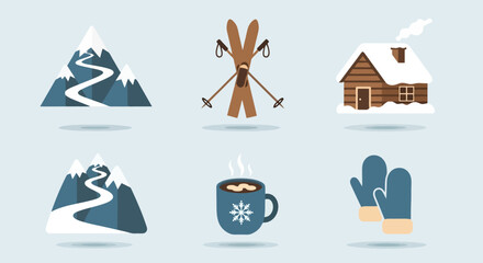 Cozy Winter Wonderland Icons Snow Capped Mountains Skis Cabin Hot Cocoa and Mittens for Seasonal Designs and Graphics